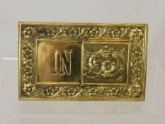 A German Art Nouveau Brass Desk Sign, etched IN and OUT with a hinged cover of floral scroll