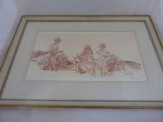 Russell Flint print depicting three young women, signed to the bottom right, a drawing in red