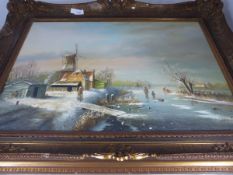 G.J.A. van Reede (Dutch) An oil on canvas depicting a `Winter Scene with Skaters`, signed bottom