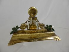 Art Nouveau Brass and Enamel Pen Holder, with a cut glass ink bottle with brass hinged lid.