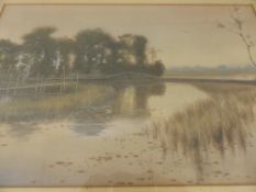 Tokusaburo Kobayashi 1884 - 1949, Peaceful Watercolour depicting a tranquil pond approx 32 x 49 cms