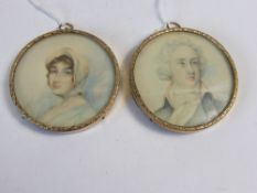 A pair of circa 19th century circular miniature portraits on ivory, circle of Andrew Plimer 1763 -