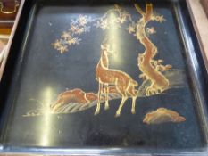 19th Century Black Lacquered Drinks Tray, depicting gilded deer, approx 45 x 70cms