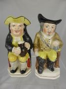 Antique Staffordshire Toby Jugs character Cavalier Yellow and Beer Drinker, approx. 26 cms high.