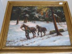 Original Oil on Canvas, depicting a logging horse in a snowy landscape, approx 59 x 43 cms