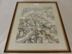 Antique Chinese Woodblock, depicting the Great Wall, character marks to top left and bottom right,