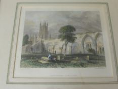 Two antique engravings, one depicting Gloucester Cathedral, the other entitled ""Horticultural and