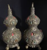 Pair of Chinese Antique Double Gourd Repousse Lidded Urns, the urns having overall ornate vine leaf