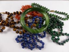 Semi Precious Necklaces, including Tigers Eye, Lapis Lazuli, Malachite, Coral and a Green Onyx