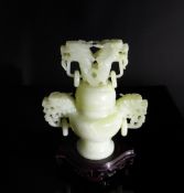 Chinese 20th Century Celadon Jade Censer, the censer having lion mask and ring handles with twin