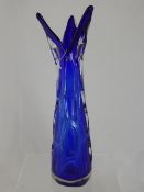 Blue studio glass vase, cobalt blue with oval design, the vase being tapered with flares to the