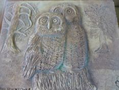 Composite stone garden wall plaque depicting two young tawny owls, approx. 40 x 30 x cms.