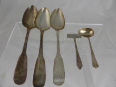 Three Solid Silver Georgian Serving Spoons, Dublin hallmark, circa 1813 together with a child`s