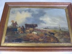 An antique oil on wood depicting a mountain scene with cattle and sheep, approximately 25 x 15 cms.