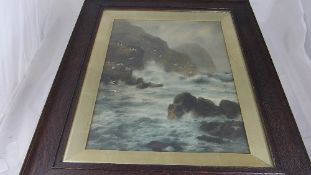 Two Victorian watercolour prints depicting waves crashing onto rocks, both framed and glazed,