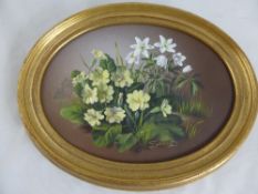 Shergold, five acrylic paintings of Spring flowers in oval frames, being primula and wood anemones,