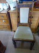 Set of seven Edwardian high back oak dining chairs having velvet covered seats and backs on part