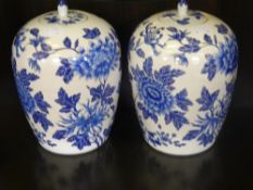 Pair of blue and white Chinese porcelain lidded jars, the lids with finial shepherd and