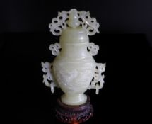 Chinese 20th Century Pale  Celadon Jade Vase and Cover, the vase with white inclusions and
