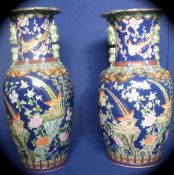 Pair of Chinese Palace Vases, the vases having a rich cobalt ground with elaborate hand painted