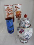 Masons Ironstone vase and cover (40 cms.) together with a blue vase depicting a kingfisher (20