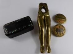 Miscellaneous Items including, brass nutcracker in the form of a pair of lady`s legs, pewter inlaid