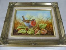 P. Gosling, painted porcelain plaque depicting ?Red Robin?, framed, approx. 16 x 12 cms, gilt wood