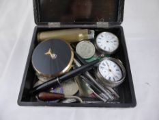 A collection of miscellaneous items including silver vesta, vintage pens, enamelled George IV Crown