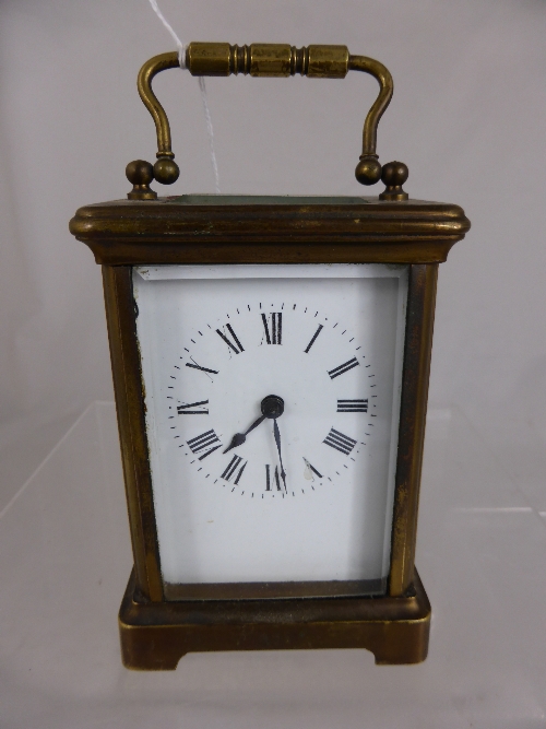 Antique Brass Continental Carriage Clock, white enamel face with Roman dial.