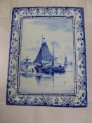 A Dutch Delft Porcelain Plaque, depicting boats at harbour, impressed factory marks to base and