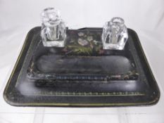 A Victorian Inlay Ink Stand together with a pair of cut glass perfume bottles.