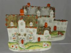 Two Staffordshire style porcelain flat back studies of farmhouses, one entitled Potash Farm