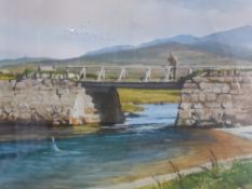 Watercolour print depicting trout fishermen with an onlooker on the bridge, reverse reads No.