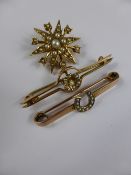 Three Lady`s 9ct Gold and Seed Pearl Edwardian Brooches, one in the form of horse shoe, the other a