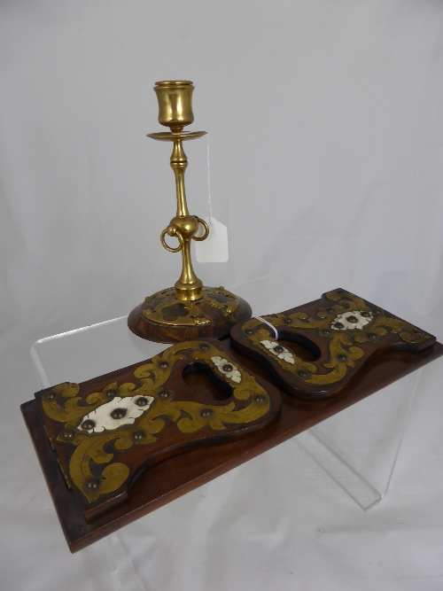 An Oak and Brass Book Slide, the slide featuring brass and ivory scroll decoration together with a