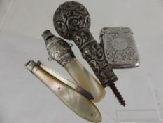 Miscellaneous Solid Silver, Mother of Pearl handled Rattle; Penknife; Birmingham hallmark Vesta;