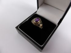 A St Cator High School yellow metal ring with purple stone, size K, approx. 5.3 gms.