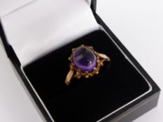 Lady`s 9ct antique gold amethyst cabachon ring, 11 x 8 mm. approx. weight 3.1 gms.