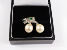 Lady`s 18 ct White Gold, Emerald and Diamond Pearl Drop Earrings, the pearls 8.6 x 8.3 mm. approx