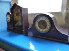 Three Clocks including a German Wurttenberg alarm clock, Edwardian inlay mantle clock and a