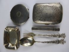 Miscellaneous Silver, including a Compact; Cigarette Case; Commemorative Spoon and Fork; miniature