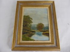 Small oil on canvas depicting a river scene, marked to back H Kozhevar, framed, approx. 16 x 19