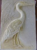 Composite stone garden wall plaque depicting a heron, approx. 31 x 43 cms.