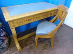 A Biedermeier Style Contemporary Satin Front Writing Desk with companion chair. The desk having oak