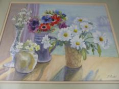 Mary Hosler - a watercolour "" Vases of flowers by the window "", signed M Hosler to the bottom