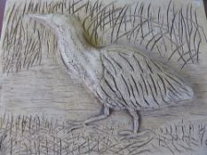 Composite stone garden wall plaque depicting a bittern, approx. 40 x 30 cms