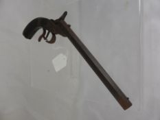 Cap gun in the form of a vintage pistol having foliate decoration to each side of the stock, barrel