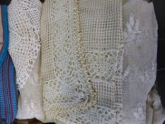 Quantity of antique lace including two lace shoulder shawls, a silk and cotton hand embroidered