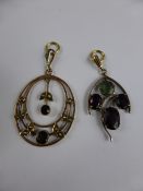 Two 9ct Gold Hallmarked Edwardian Drop Pendants, semi-precious stones and seed pearl and garnet,