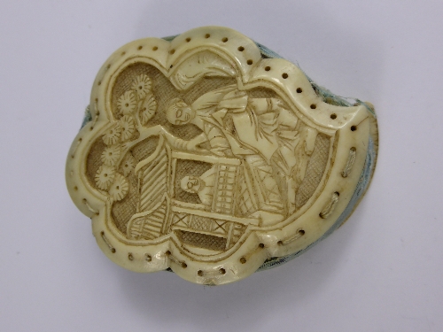 Antique Ivory Leaf Form Carved Pin Cushion, depicting characters in a garden.